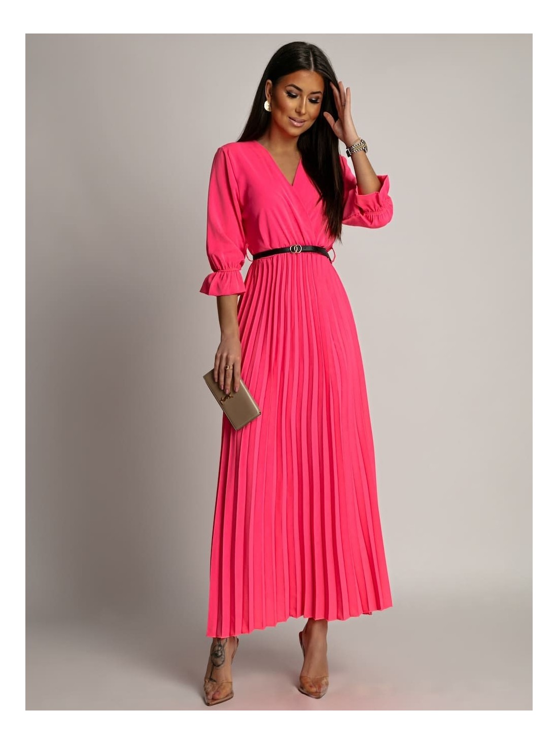 Elegant pleated maxi dress with a belt, neon pink 17160